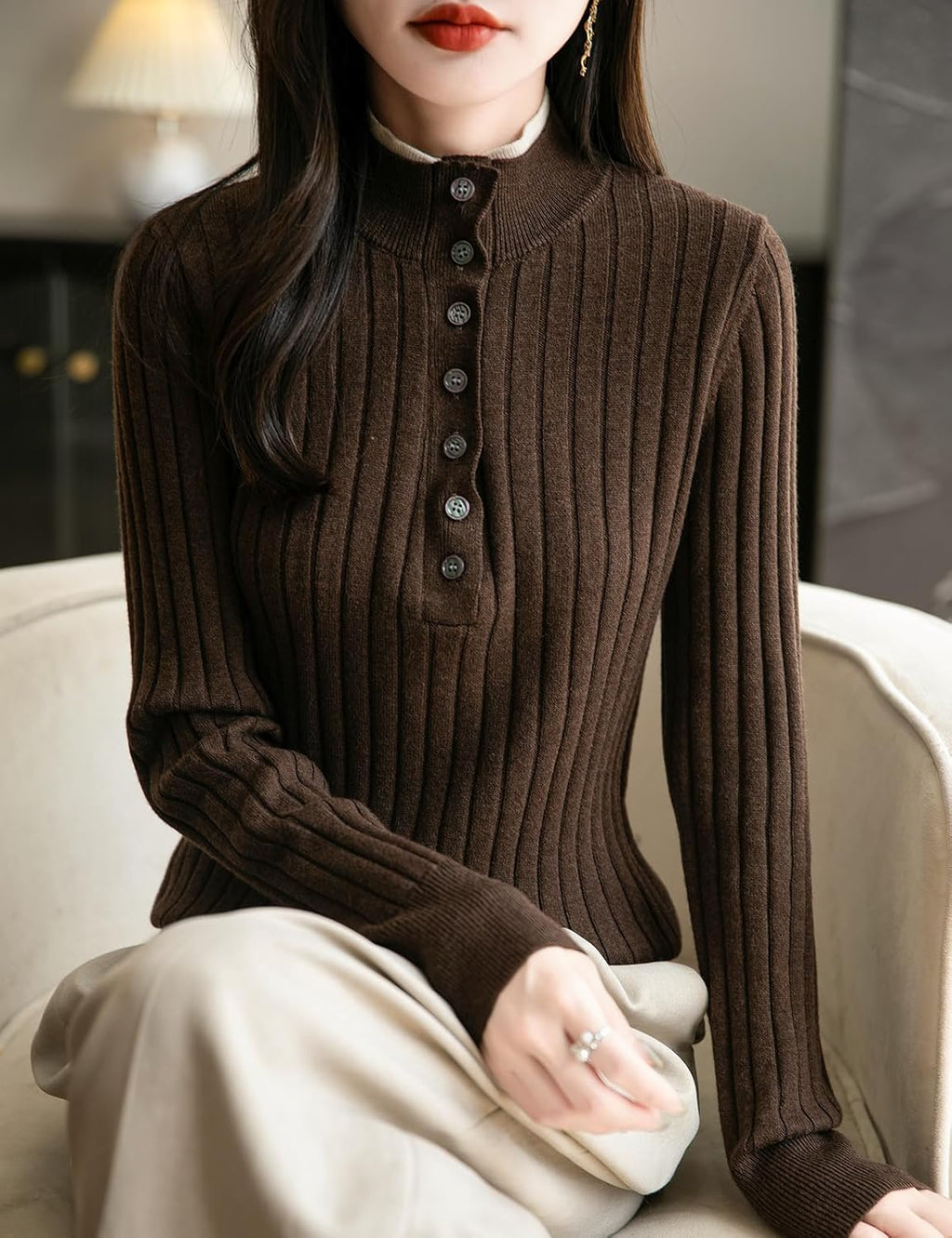 Merino Wool Blend Color Block Stand Collar Sweater