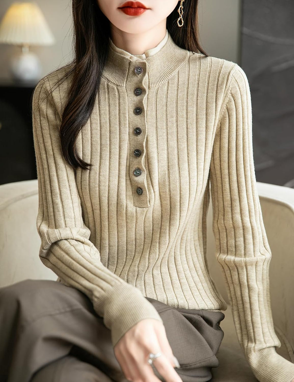 Merino Wool Blend Color Block Stand Collar Sweater