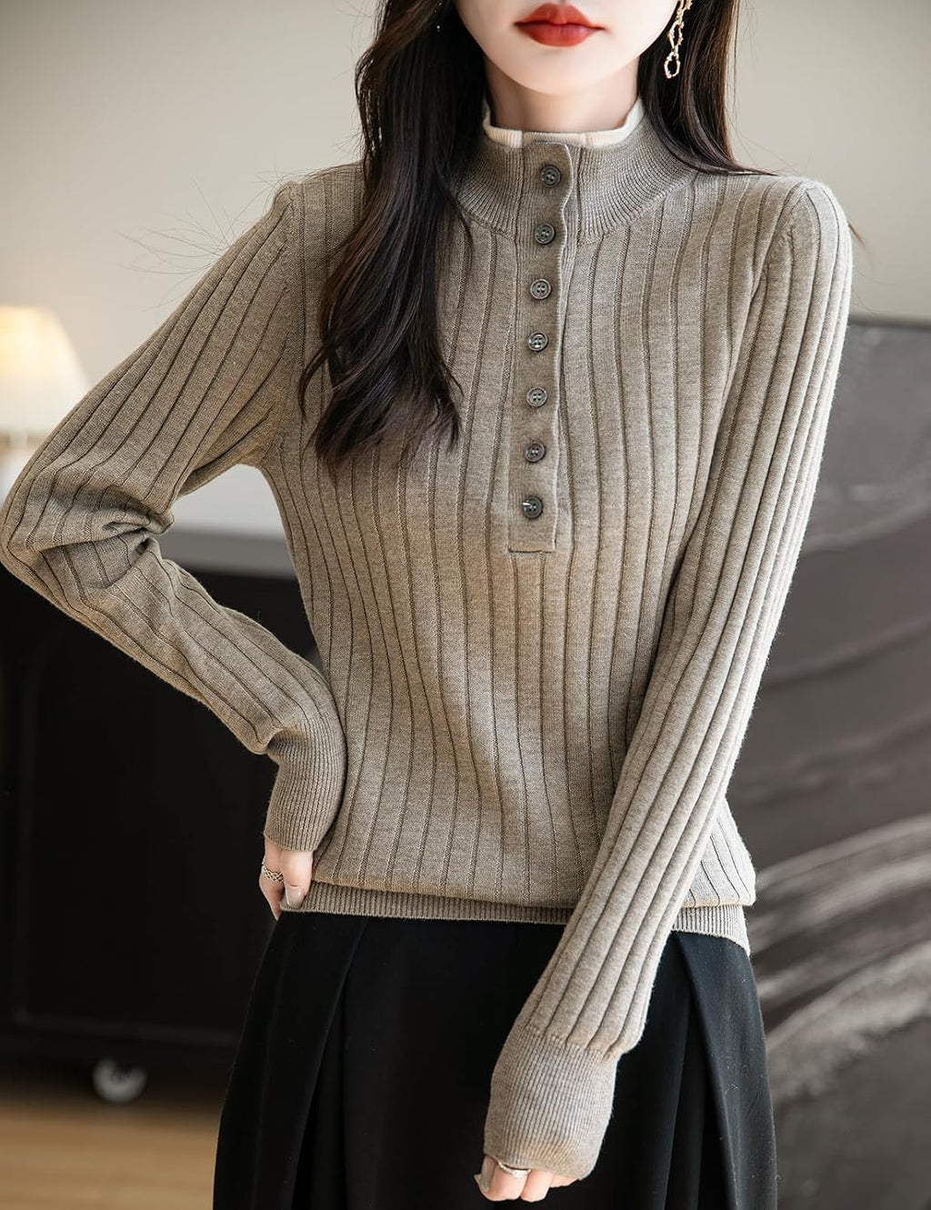 Merino Wool Blend Color Block Stand Collar Sweater