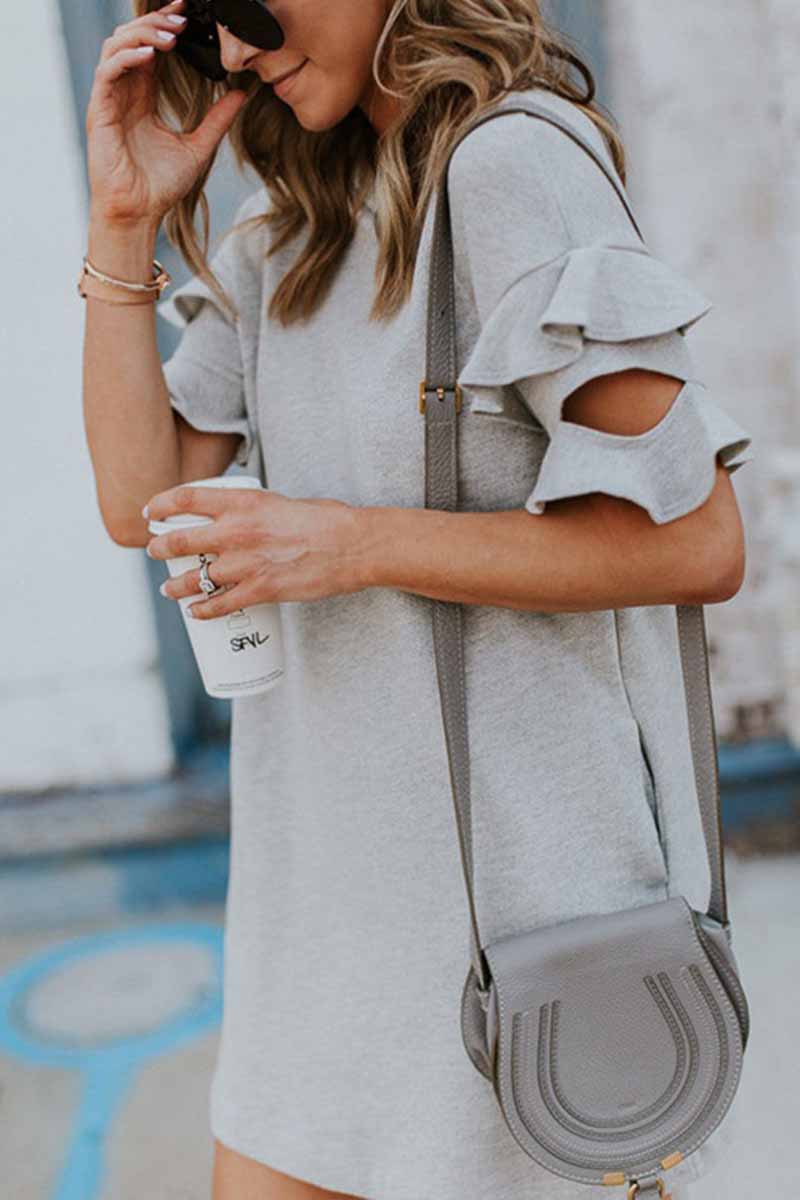 Color O-neck Ruffle Mini Dress
