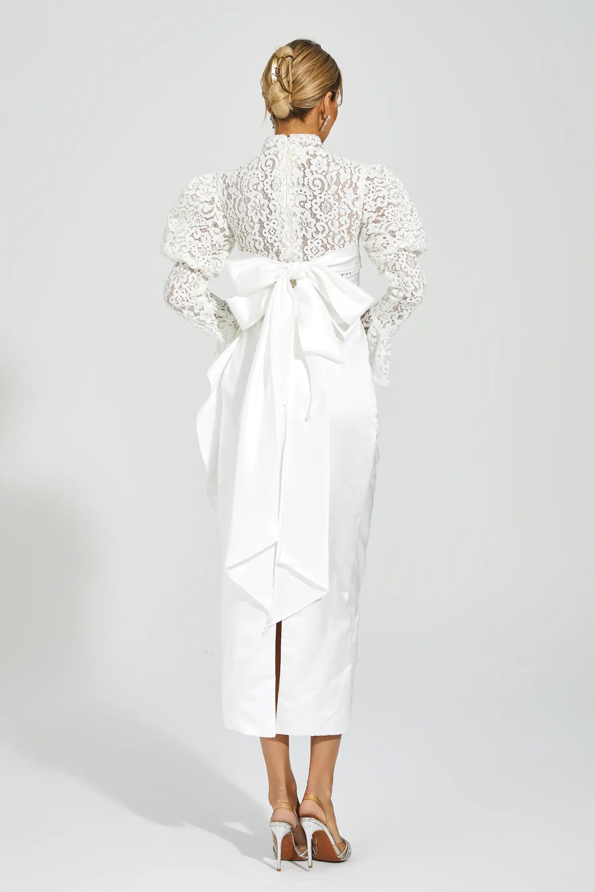 Kailey White Lace Bubble Sleeve Midi Dress