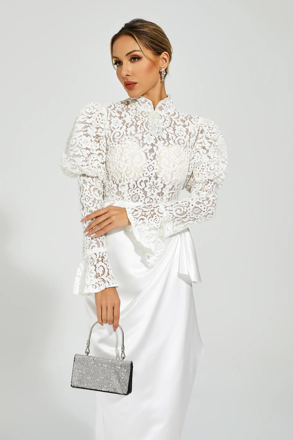 Kailey White Lace Bubble Sleeve Midi Dress