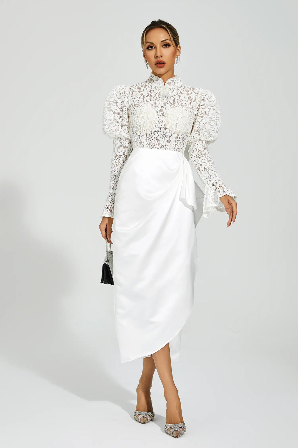 Kailey White Lace Bubble Sleeve Midi Dress