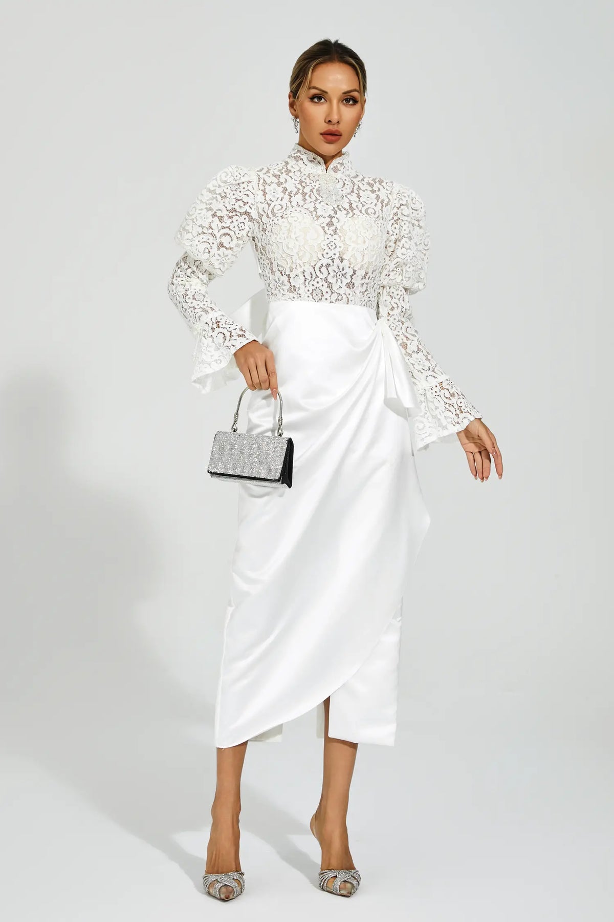 Kailey White Lace Bubble Sleeve Midi Dress