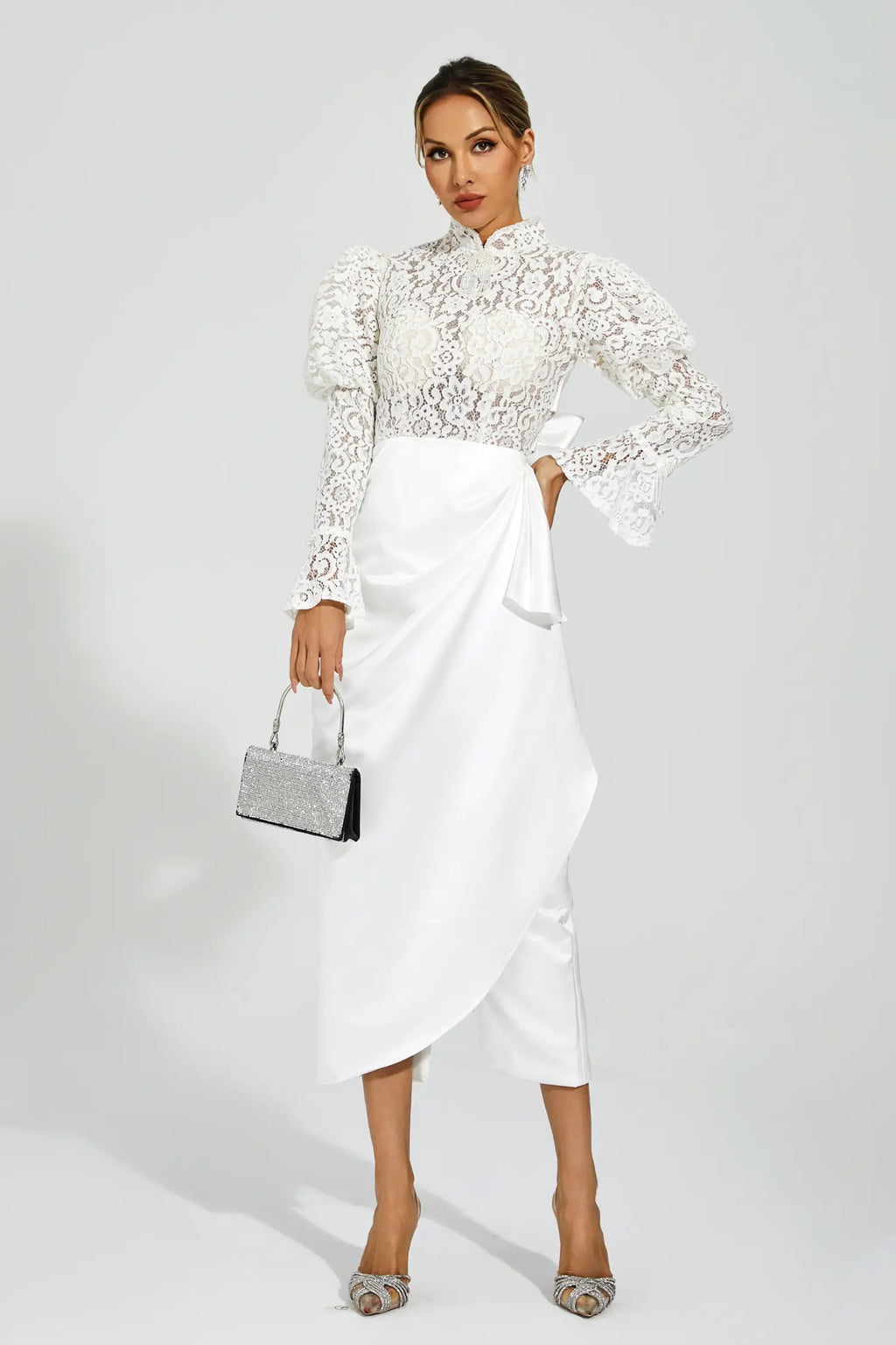 Kailey White Lace Bubble Sleeve Midi Dress