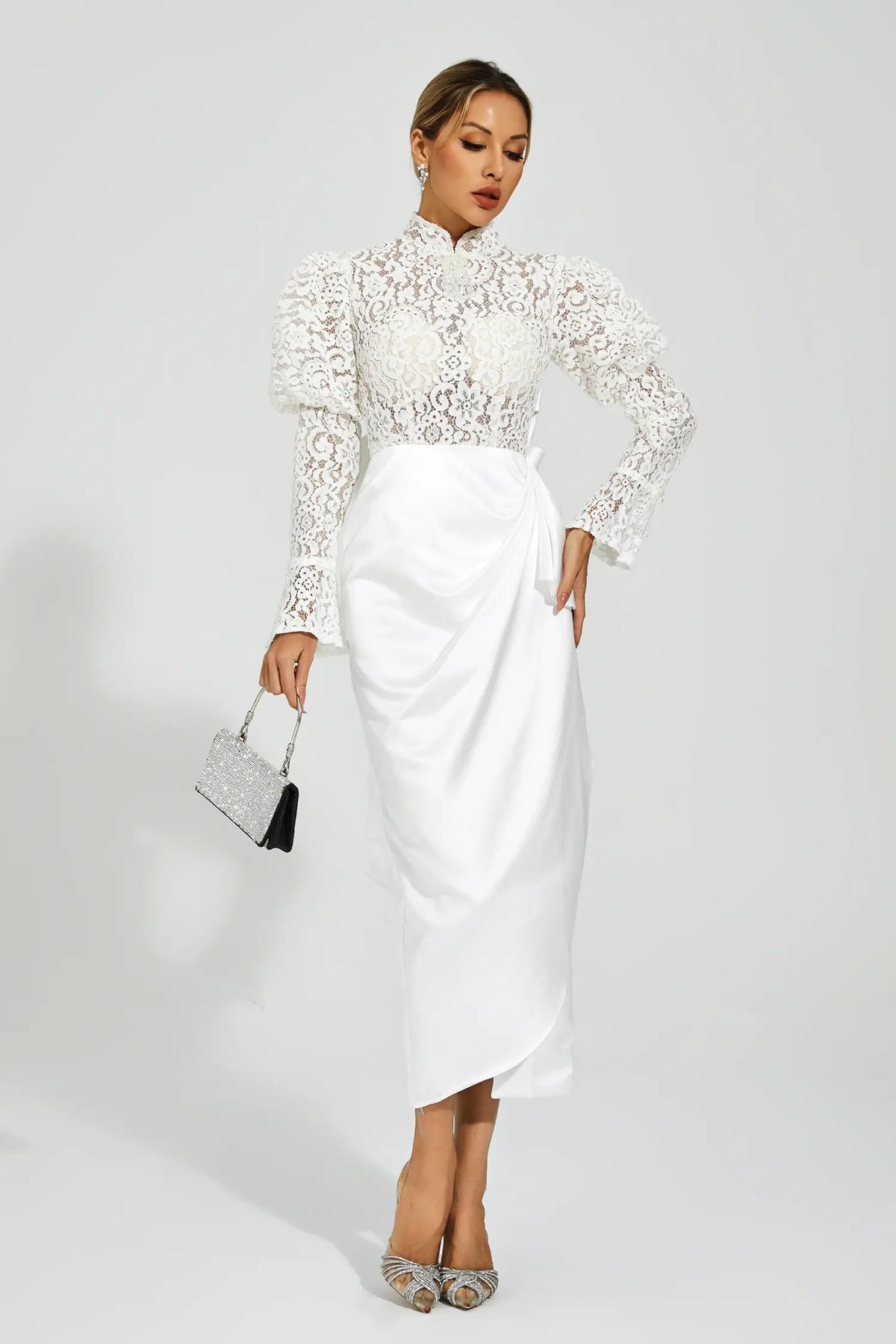 Kailey White Lace Bubble Sleeve Midi Dress