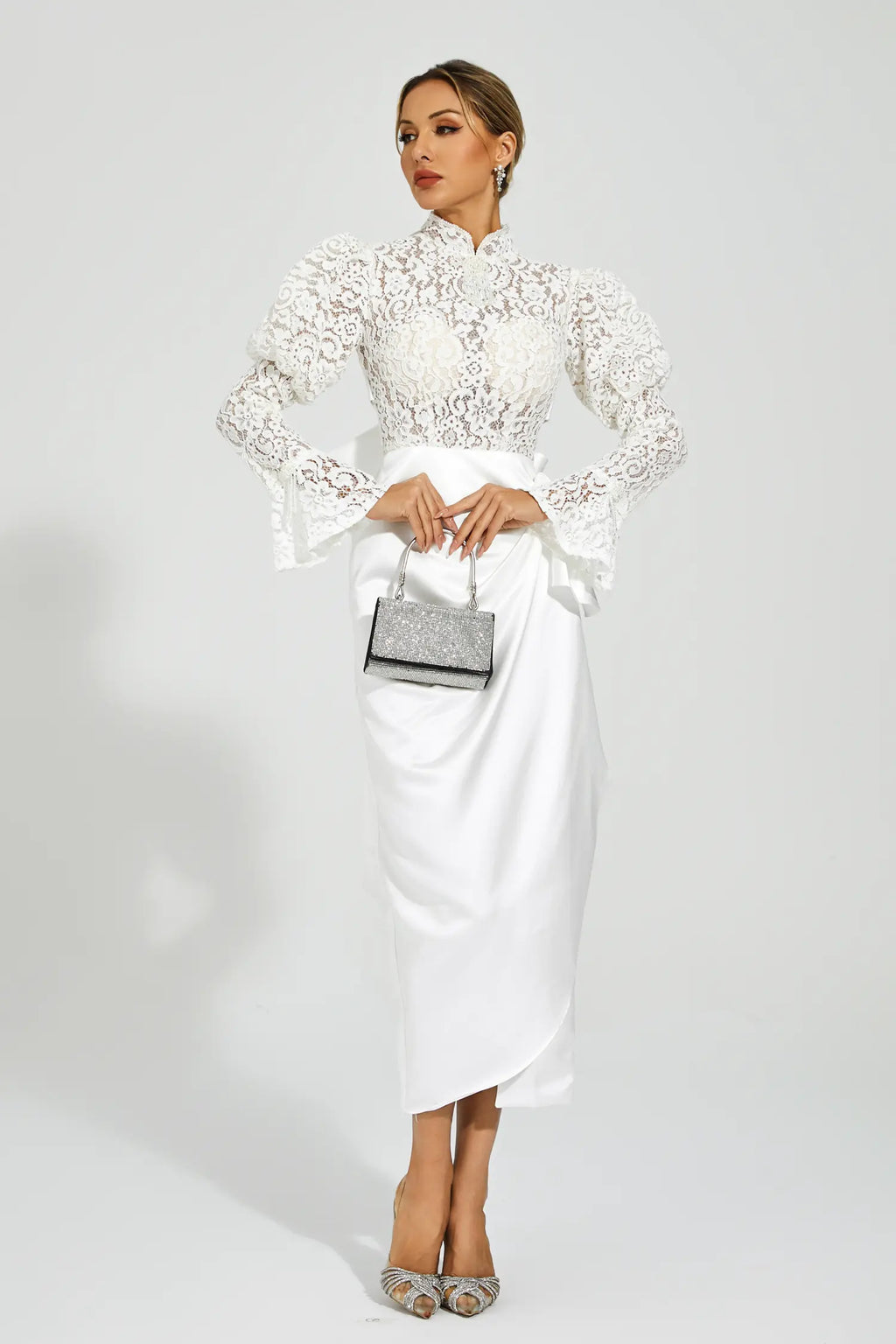 Kailey White Lace Bubble Sleeve Midi Dress