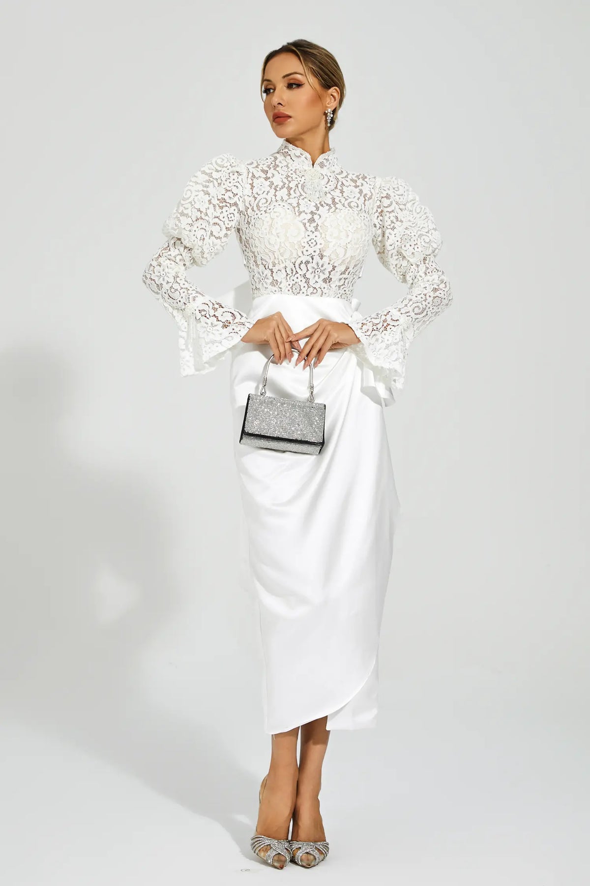 Kailey White Lace Bubble Sleeve Midi Dress