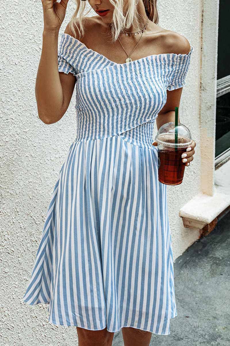 Stripe Off Shoulder Short Sleeve Short Dress