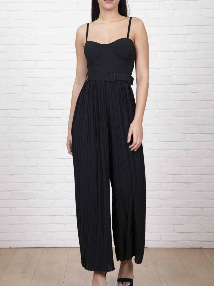 Strappy Jumpsuit With Wide Leg Pleated Detail in Black