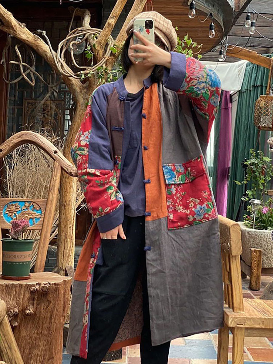100% Cotton Stand Collar Patchwork Long Coat Qu014