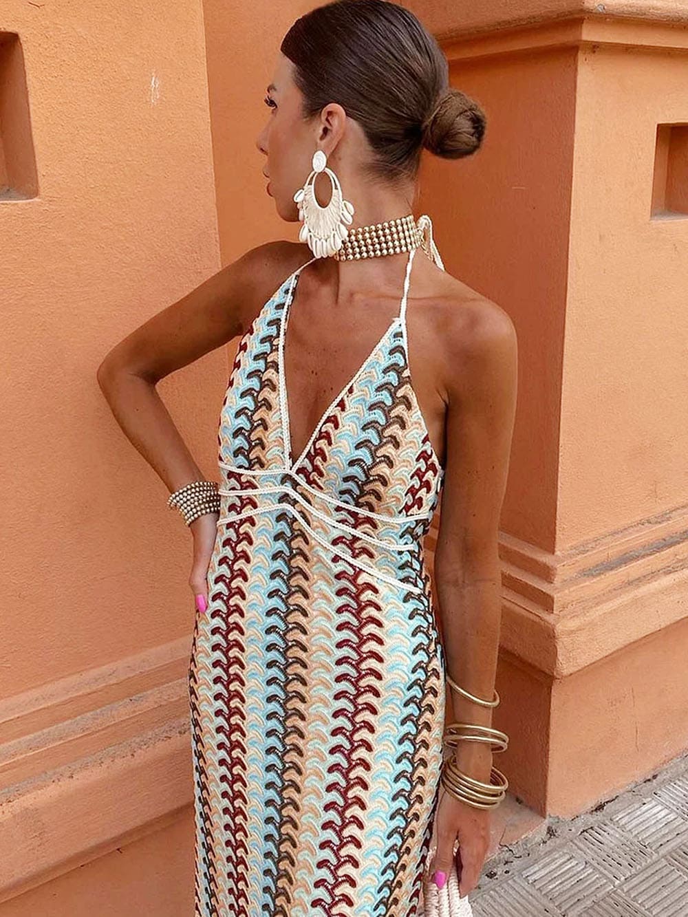 Halter V Neck Backless Pattern Knit Slim-fit Vacation Maxi Dresses-beige