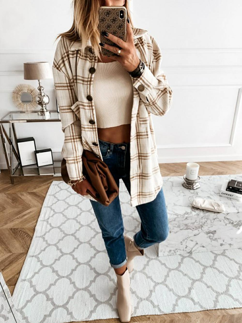 Plaid Brushed Wool Cardigan Jacket