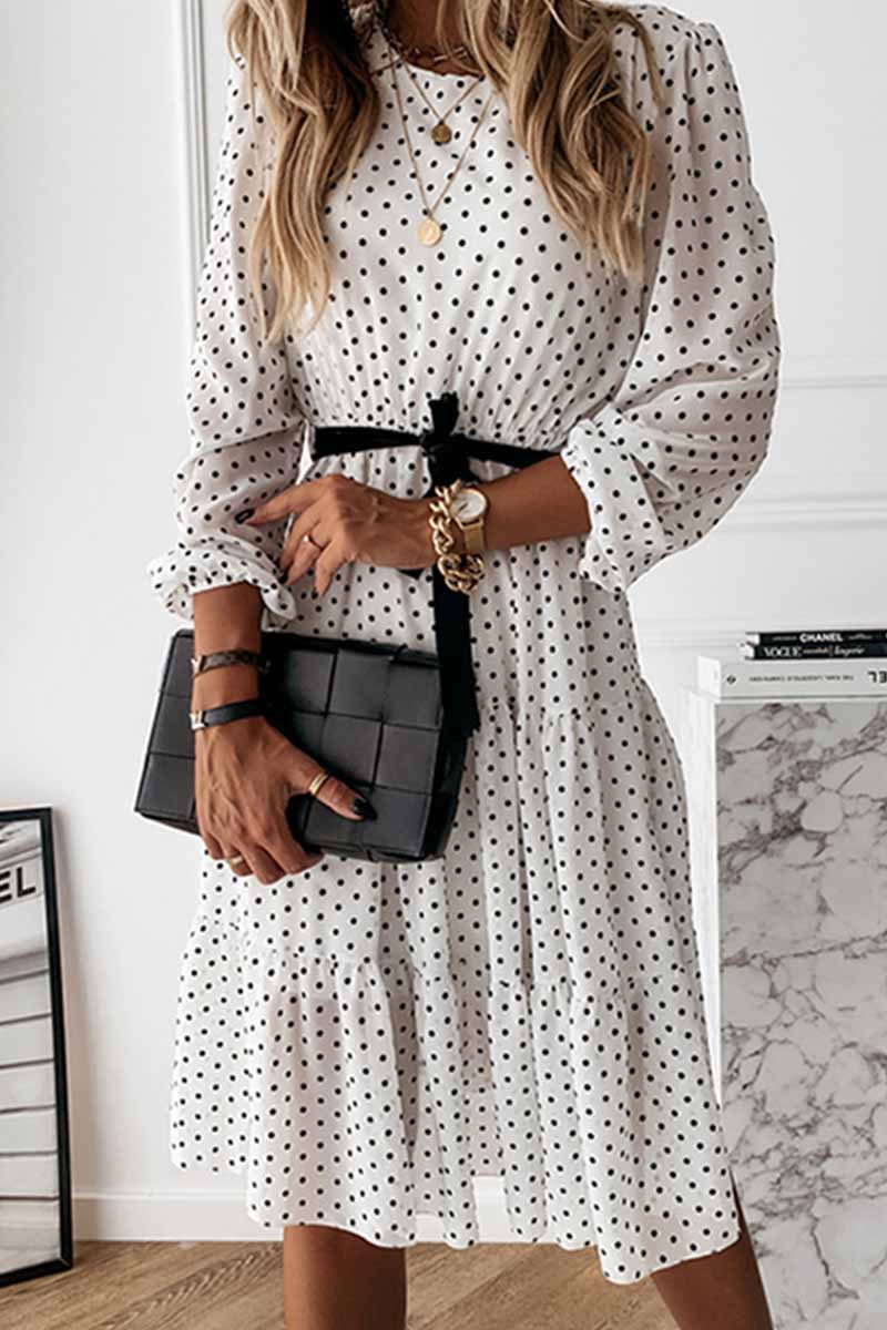 Dot Print Round Neck Tie Midi Dress