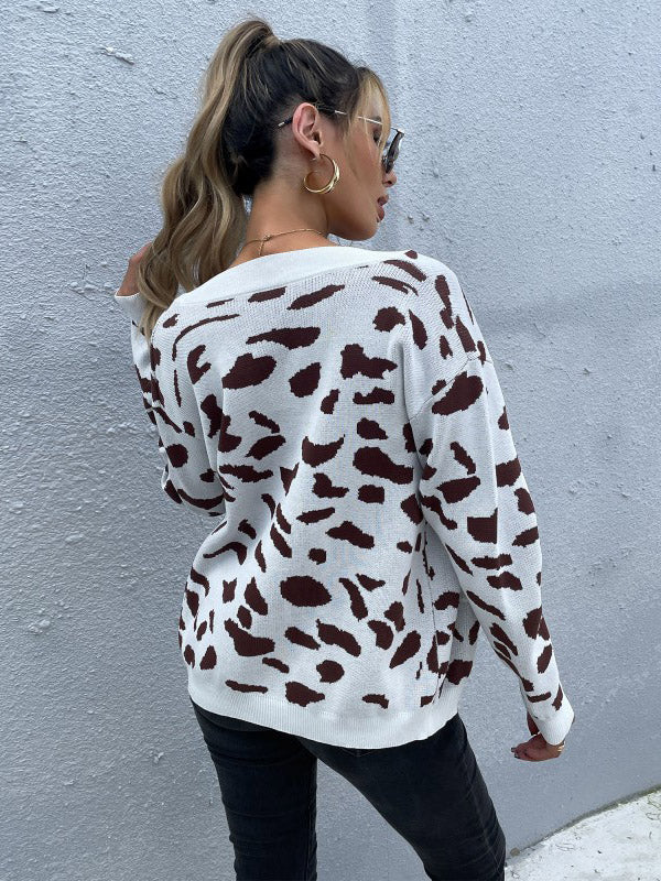 Leopard Print V-neck Knitted Sweater