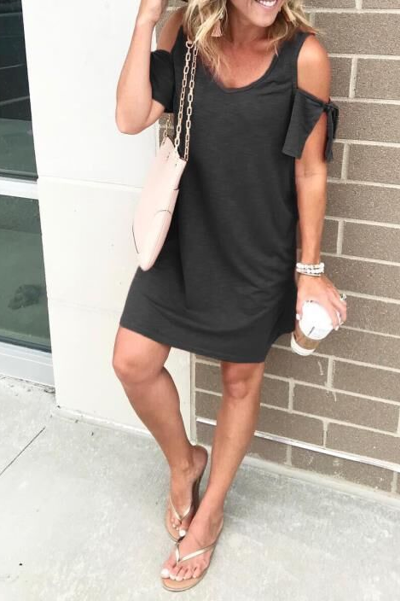 Dew Shoulder Round Neck Mini Dress (4 Colors)