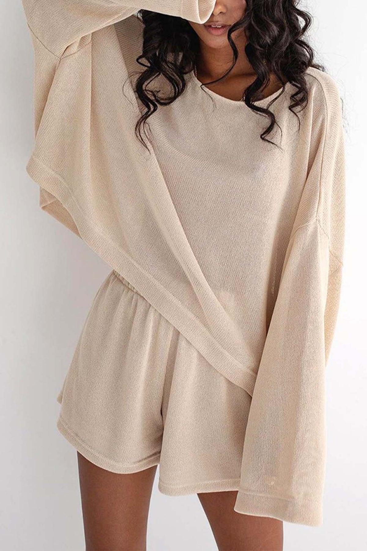 Khaki Long Sleeve Shorts Two-piece Set