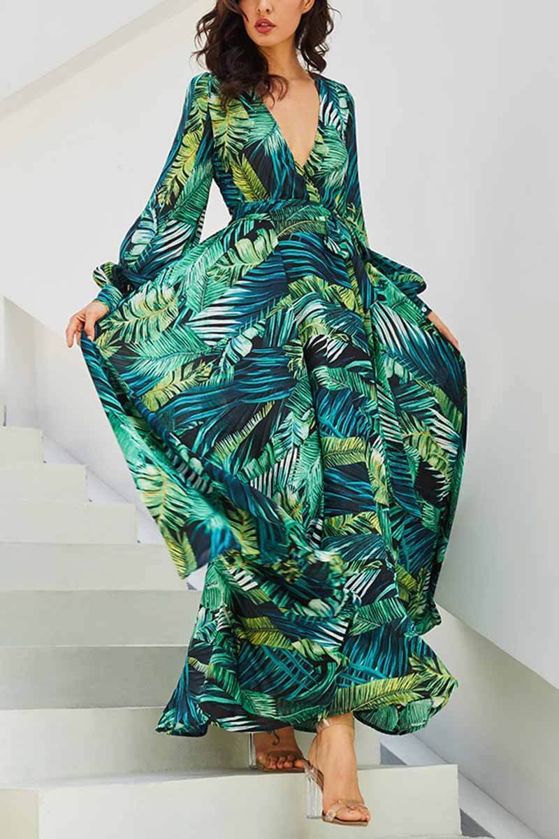 V-neck Leaf Print Maxi Dress