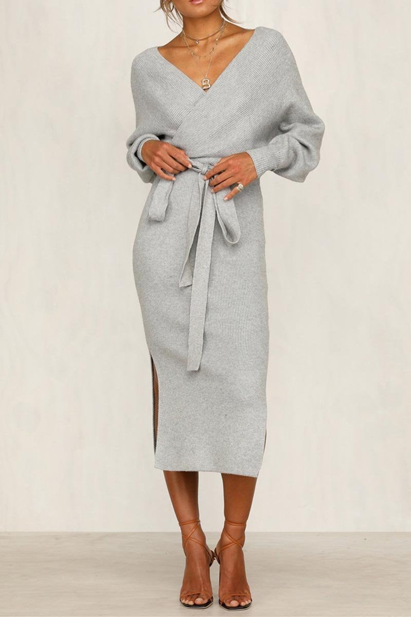V Neck Backless Sweater Midi Dress(5 Colors)