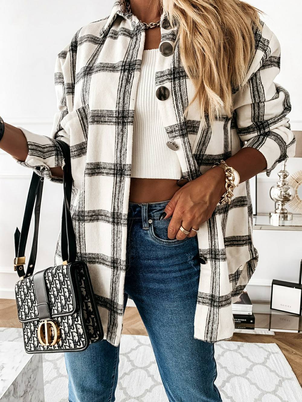 Plaid Brushed Wool Cardigan Jacket