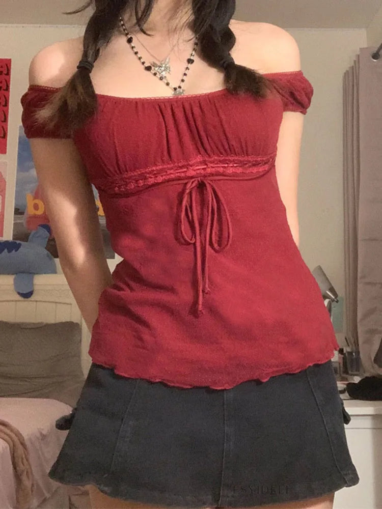 2000s Aesthetic Sweet Lace Tops Off Shoulder Drawstring T-shirt Korean Female Tee Fairy Grunge