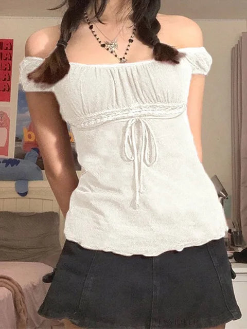 2000s Aesthetic Sweet Lace Tops Off Shoulder Drawstring T-shirt Korean Female Tee Fairy Grunge