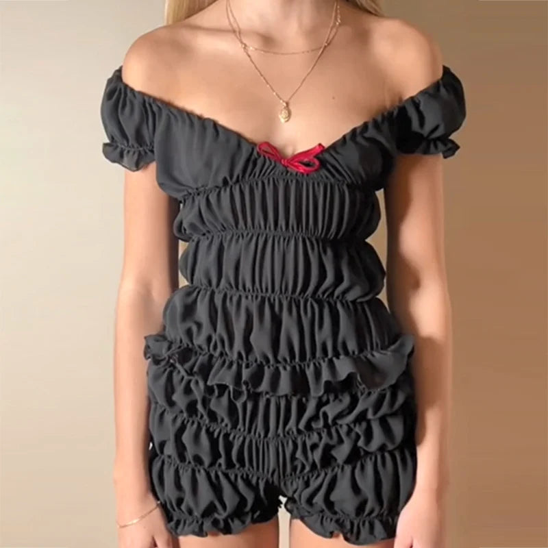 2000s Retro 2 Piece Set Cottage Lounge Ruched Off Shoulder T-shirt Crop Tops + Shorts Kawaii Pajamas Y2k Outfits