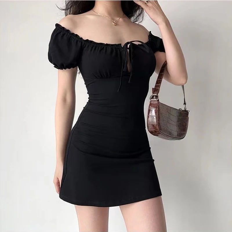 Summer Mini Dress Short Sleeved Lace Up Hollow Backless Folds Bodycon Black Dress Party A-line Dresses