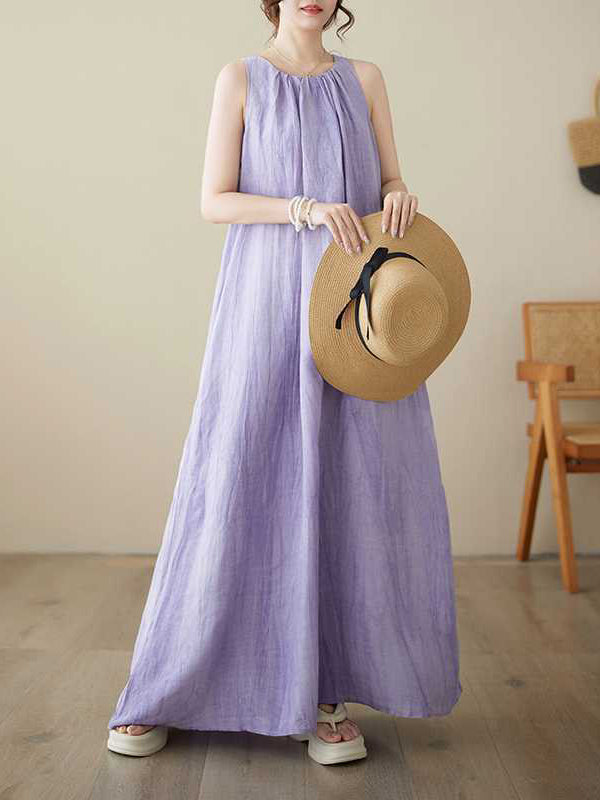A-line Loose Pleated Color Round-neck Midi Dresses