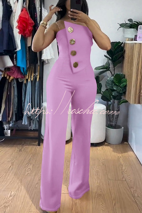 Color Tube Top Gold Button Embellished Bootcut Jumpsuit