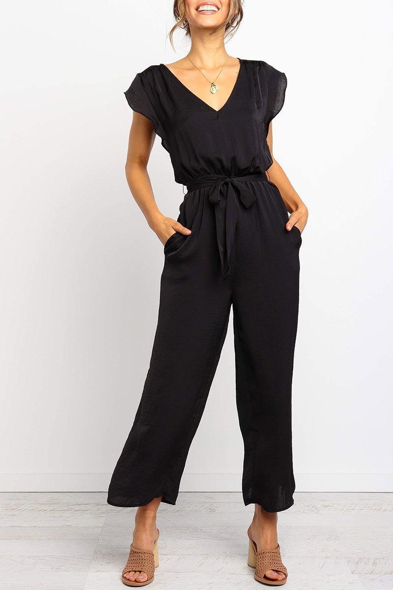 V Neck Black Lace-up Jumpsuit