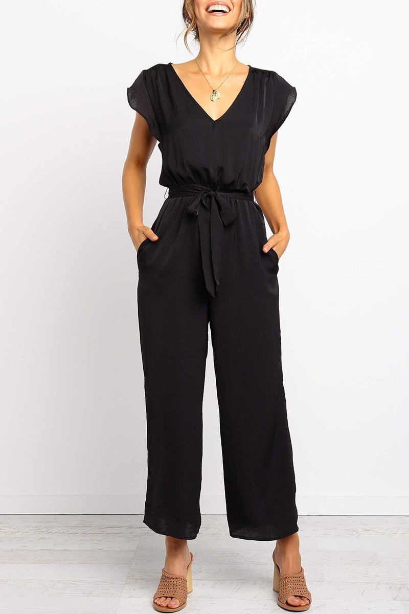 V Neck Black Lace-up Jumpsuit