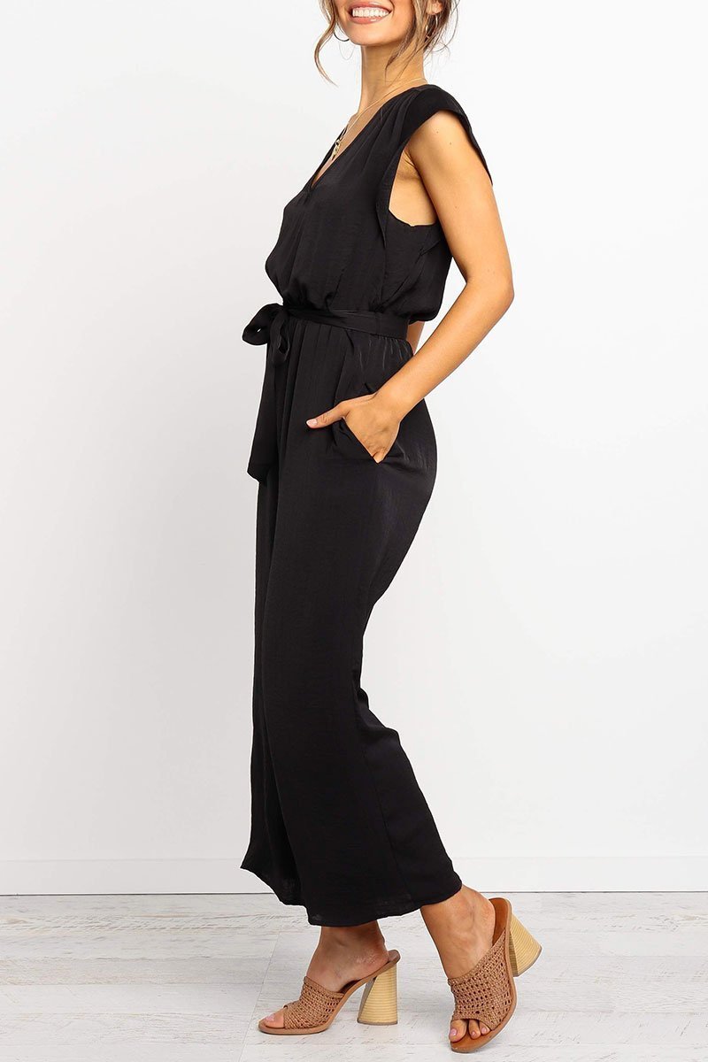 V Neck Black Lace-up Jumpsuit