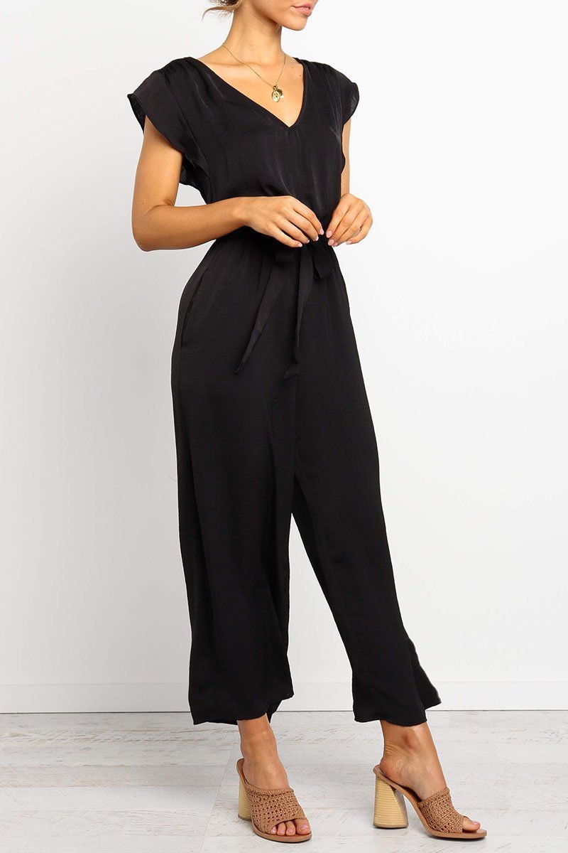 V Neck Black Lace-up Jumpsuit