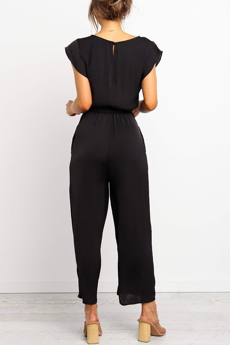V Neck Black Lace-up Jumpsuit