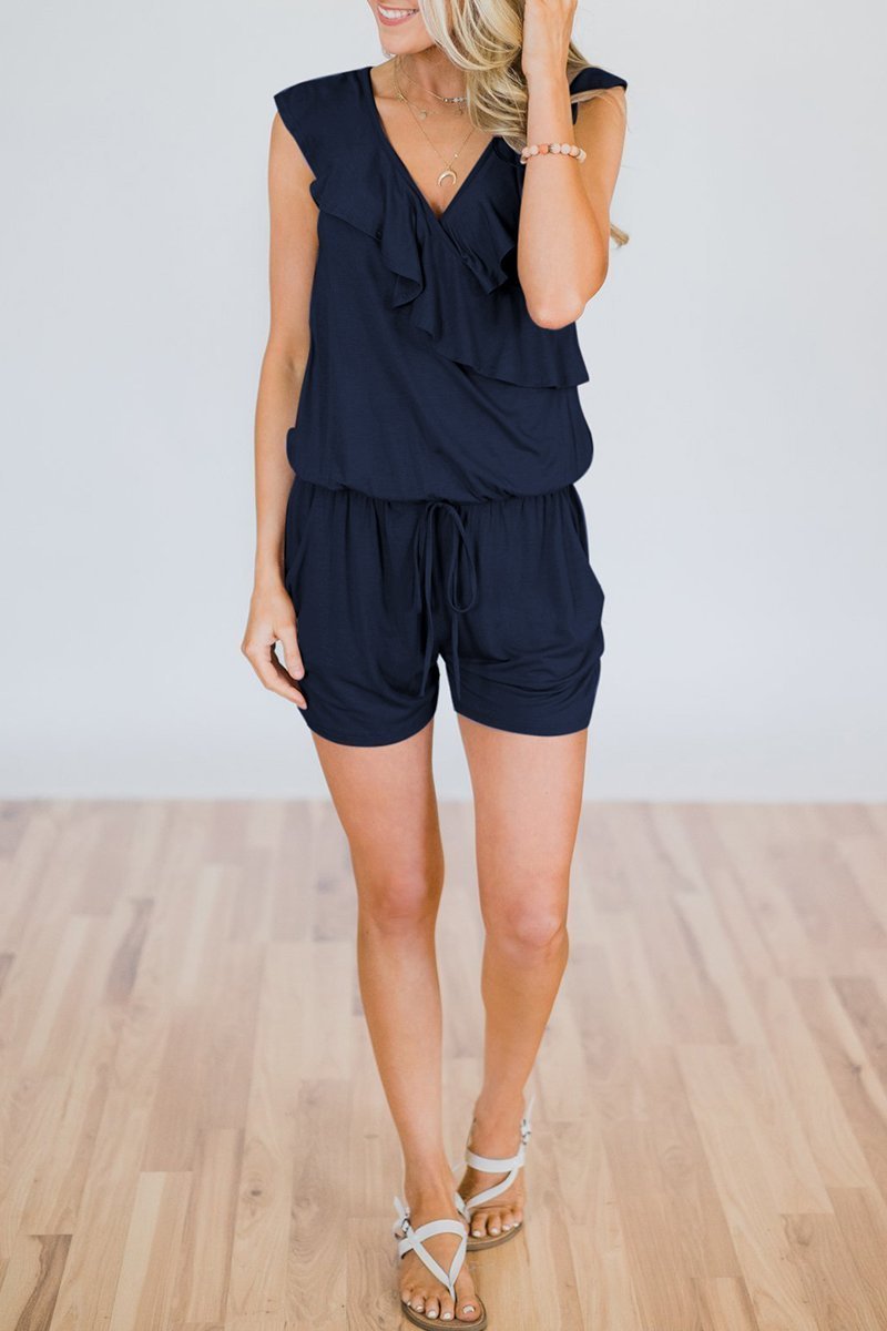 V Neck Ruffle Design Romper--dark Blue