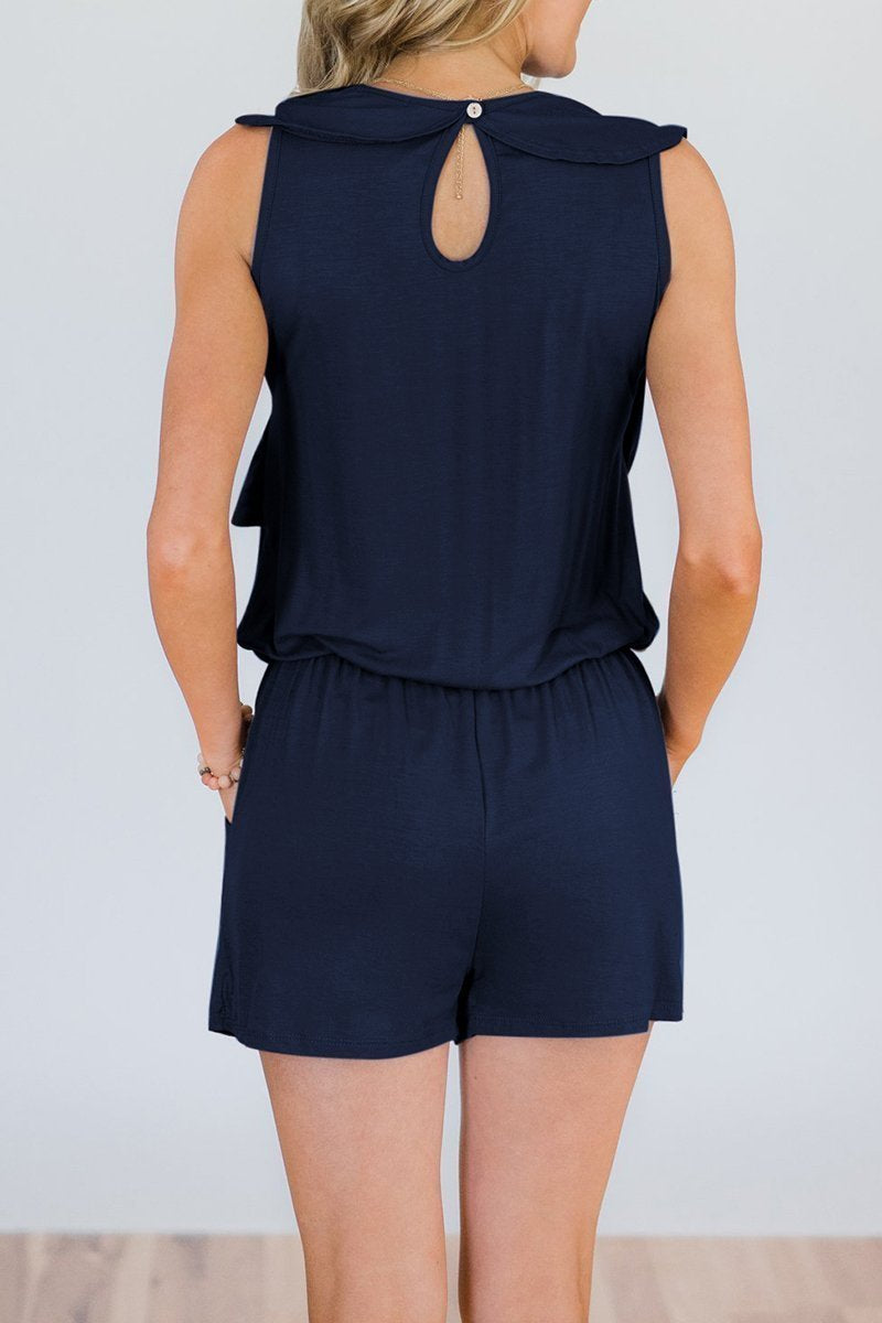 V Neck Ruffle Design Romper--dark Blue