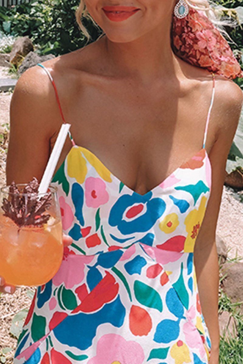 Printed Backless Mid Calf Dress With Pocket