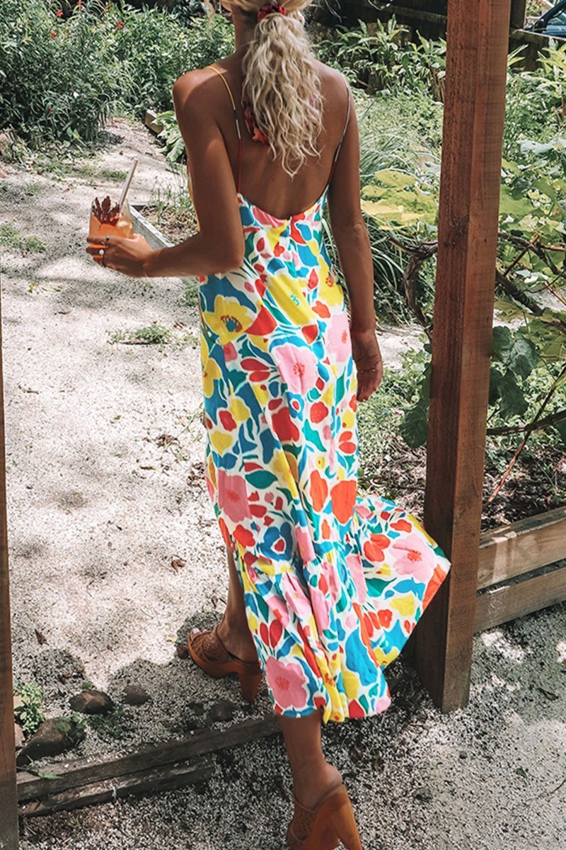 Printed Backless Mid Calf Dress With Pocket