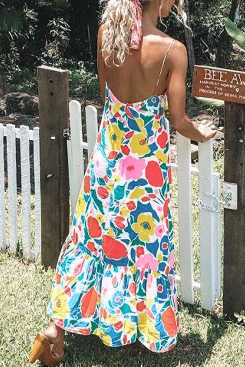 Printed Backless Mid Calf Dress With Pocket