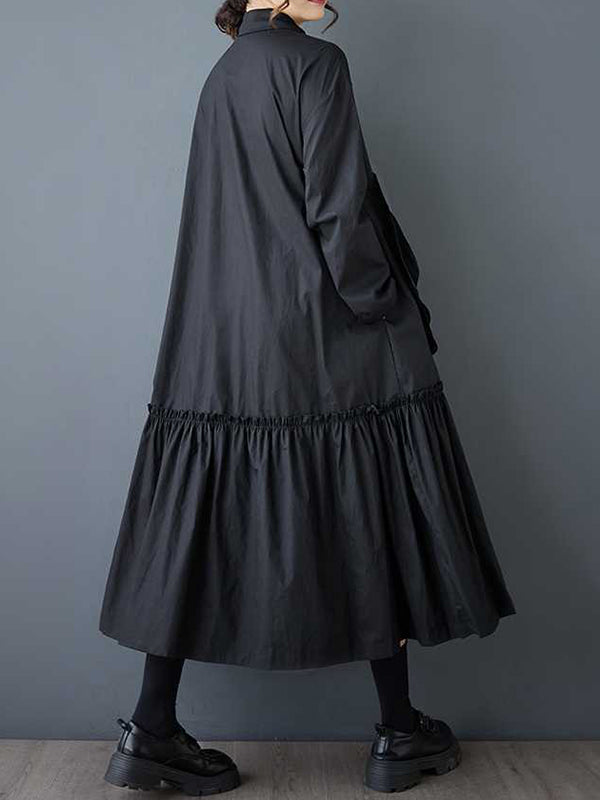 A-line Long Sleeves Buttoned Pleated Pockets Color Split-joint Lapel Midi Dresses