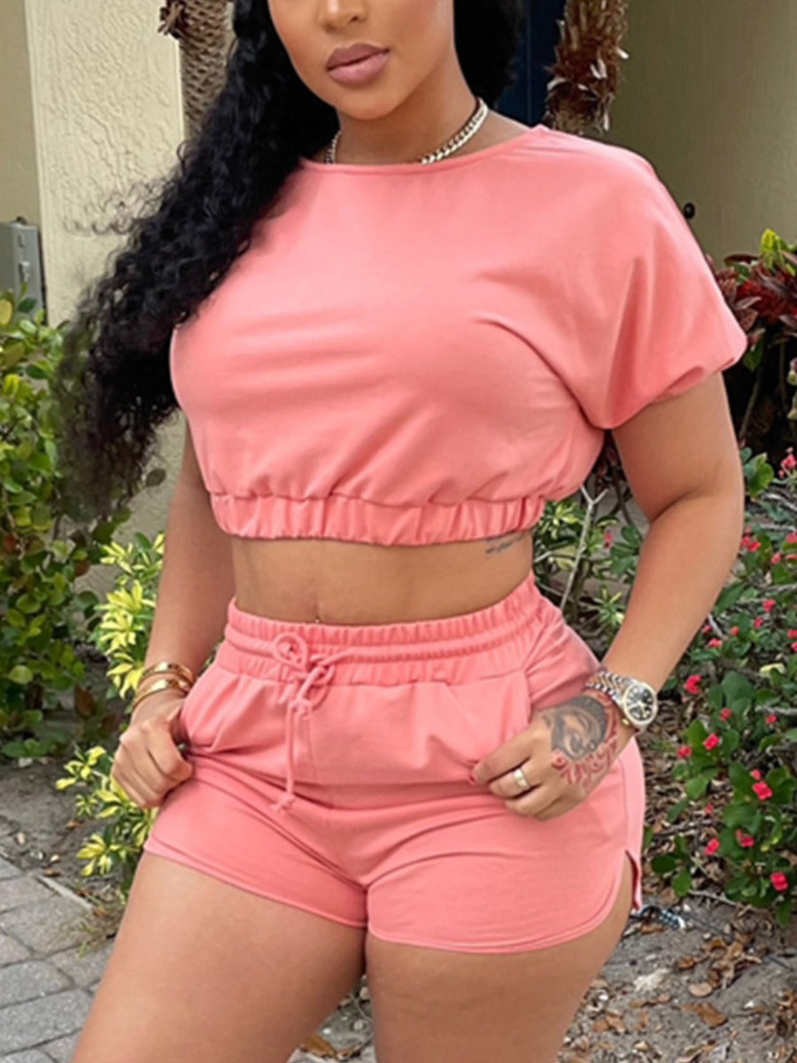Crop Top Drawstring Shorts Set Ar507