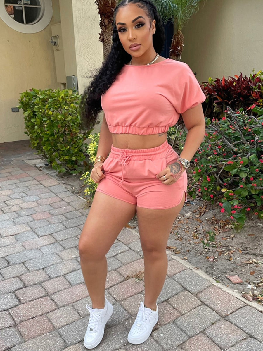Crop Top Drawstring Shorts Set Ar507