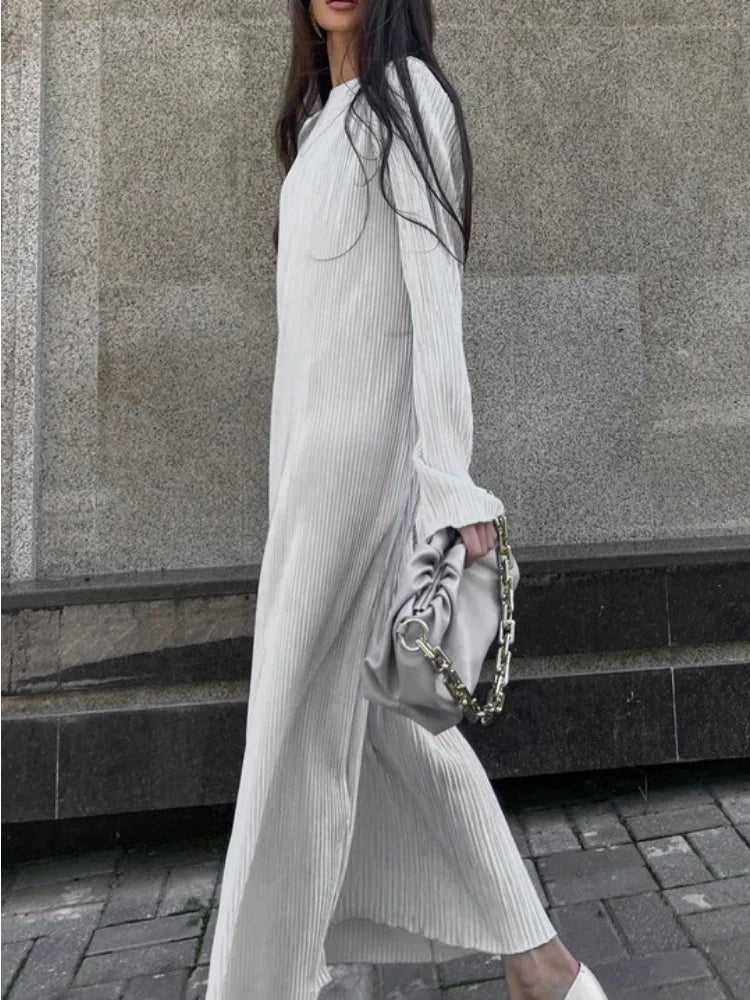 Loose Female Long Dress Long Sleeve Basic High White Summer for Maxi Dress Outfits