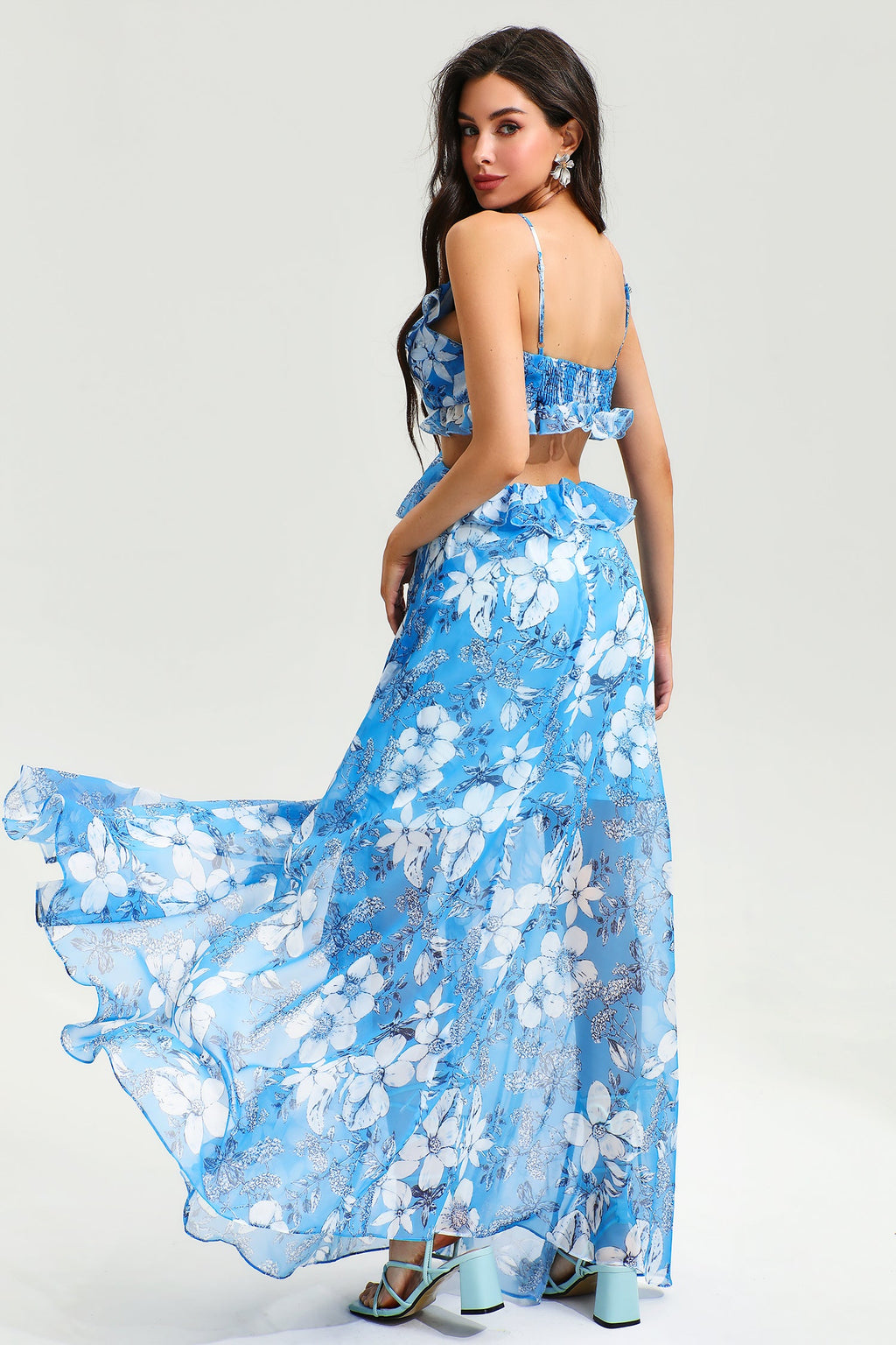 Cut Out Ruffle Hem Cami Maxi Dress Blue