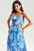 Cut Out Ruffle Hem Cami Maxi Dress Blue