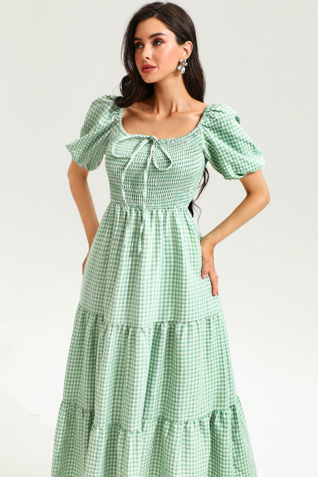 Lattice Short Sleeve Square Collar Smocked Elastic Midi Dress