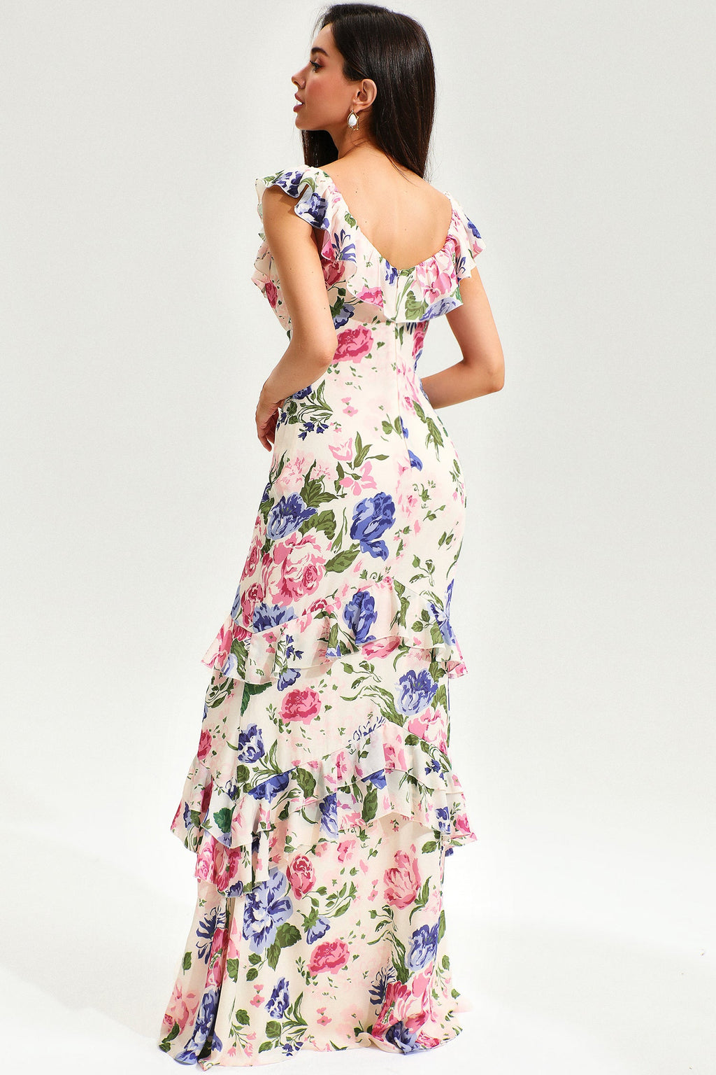 Tiered Ruffle Hem Fishtail Maxi Dress