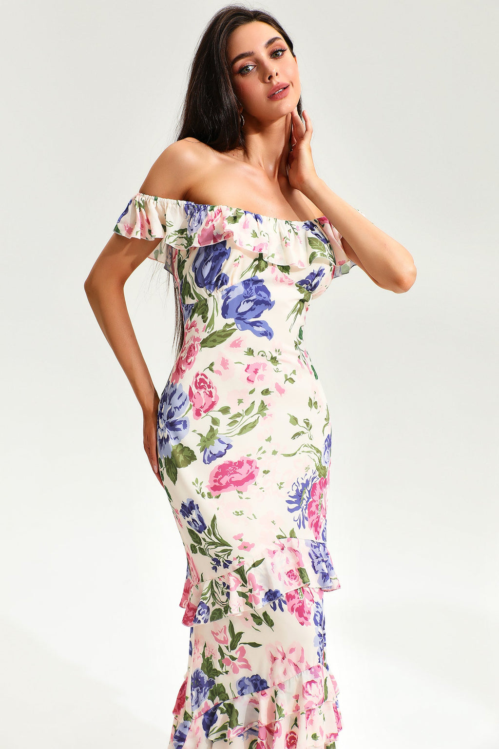 Tiered Ruffle Hem Fishtail Maxi Dress