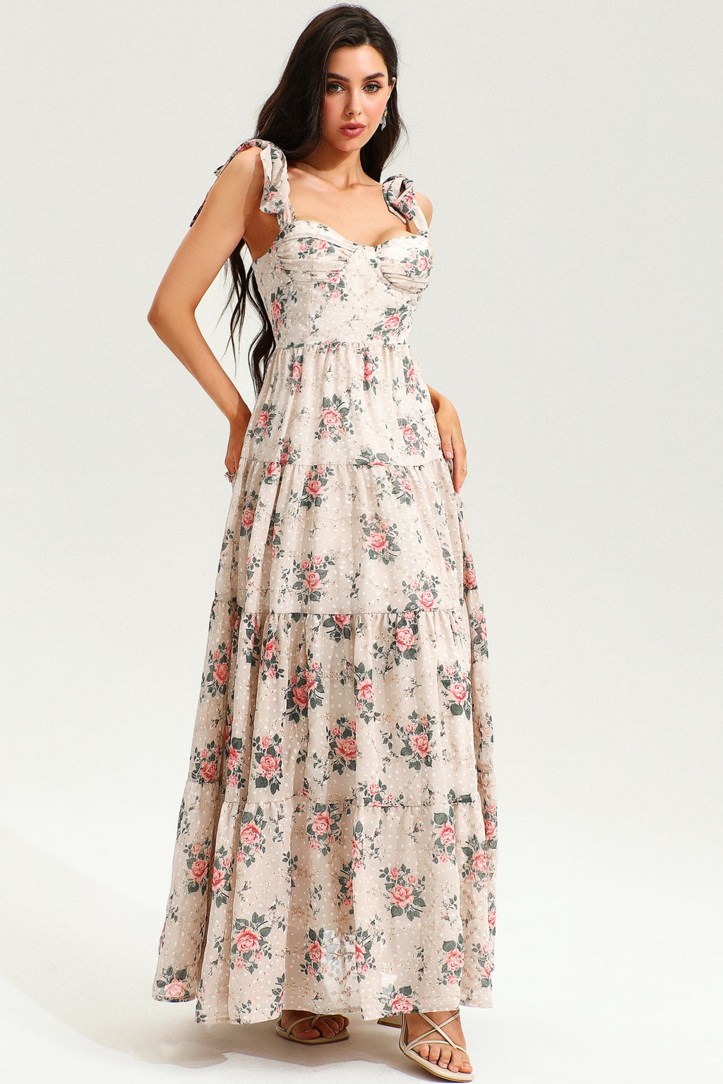 Corset Backless Lace Up Maxi Dress Beige